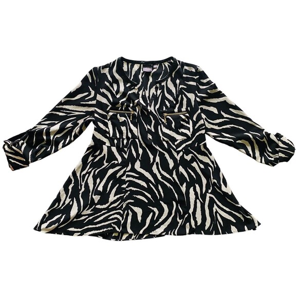 RAFAELLA Women’s Top Animal Print Roll Tab Asymmetric Blouse Gold Zip Size Small - Picture 2 of 11